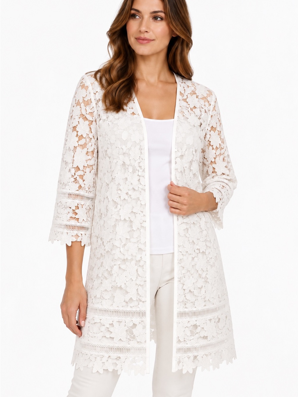 Alfani White Eyelet Lace Longline Cardigan Topper L NWOT